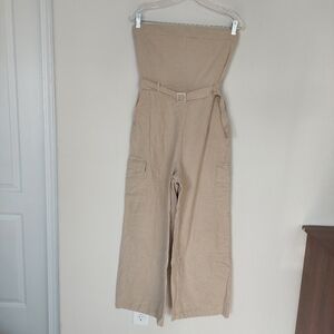 Sim&Sam Linen Cotton Blend Belted Wide‎ Leg Cargo Strapless Jumpsuit Size Large